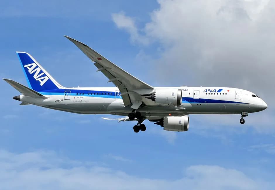 ANA Boeing 787-8 Dreamliner cabin panorama showing economy seating