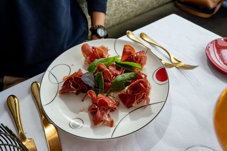 Air France Business class starter dish on a long-haul NRT-CDG flight, plated on white china