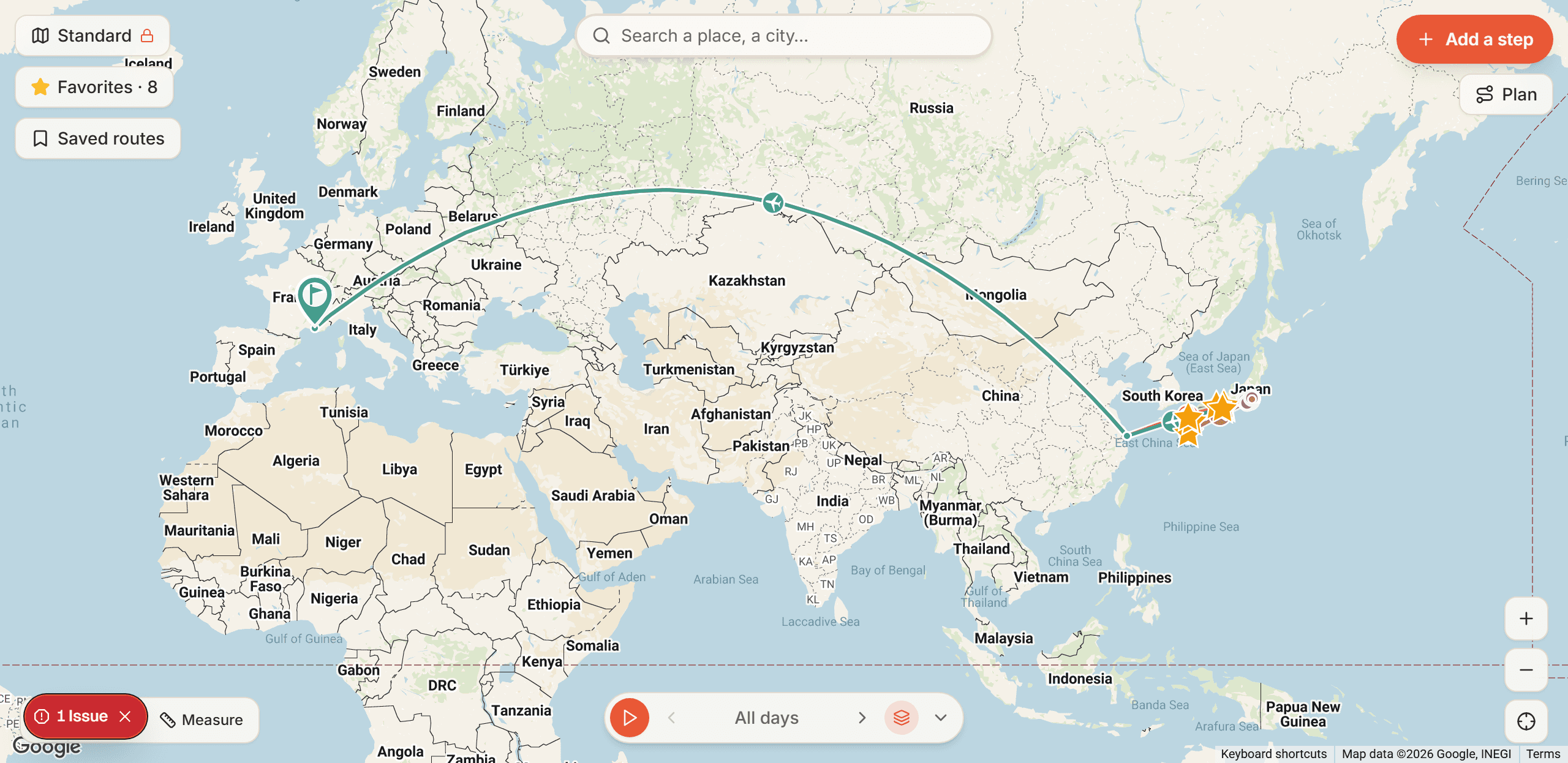 La carte interactive voyageons montrant un itinéraire de voyage jour par jour